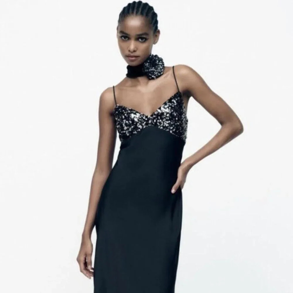 Zara Black Satin Silver Sequin Cami Slip Maxi Dress Party Cocktail Size XS - Picture 3 of 7